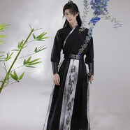 臻一萌漢服成人男晉制交領齊腰襦裙古裝書生刺繡印花國風斗篷套裝表演服 墨蓮 3XL