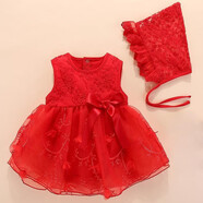 毛毛鴨（Maomaoya）嬰兒百歲滿月服周歲禮服裙3-12個月女嬰公主衣服夏女寶寶洋氣裙子 紅色TH-18802花朵裙子 66 (建議3-5個月)
