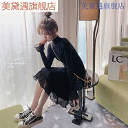 美黛遇 小個子針織連衣裙氣質(zhì)顯瘦秋冬中長款打底毛衣裙少女士半高領(lǐng)長裙子新款修身女學生純色木耳邊長毛衣 黑色 均碼