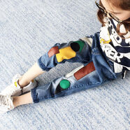 兒童秋褲適合2-13歲女寶寶女童牛仔褲春秋裝中大童洋氣高腰褲子女孩韓版兒童束腳褲長(cháng)褲加絨 補丁褲-深色 110 建議身高100-110cm