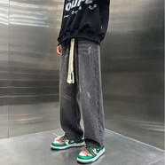 佐優(yōu)品（zuoyoupin）高街牛仔褲男士秋冬季寬松直筒闊腿褲潮牌褲子男男生休閑老爹褲子 灰色常規(guī) L