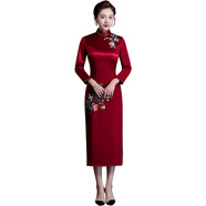 玫芙娜旗袍長(cháng)袖女秋冬季高端刺繡旗袍裙長(cháng)款大碼修身喜婆婆婚宴時(shí)尚禮服 酒紅色 M