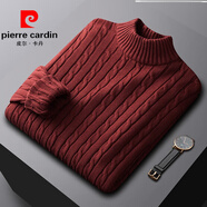 皮爾卡丹（pierre cardin）秋冬季粗針毛衣男針織衫純色毛衫麻花慵懶風(fēng)上衣毛衫麻花潮流圓領(lǐng) 酒紅色【6002款-半高 領(lǐng)】 L 適合120-145斤