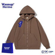 WASSUP HERMU官方潮流連帽衛衣男秋冬季運動(dòng)休閑情侶套裝大碼外套潮牌長(cháng)袖開(kāi)衫 咖啡色 XL （建議140-160斤)