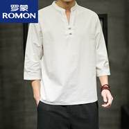 羅蒙（ROMON）亞麻t恤男夏季七分袖上衣中國風(fēng)男裝棉麻半截袖7分袖體恤 白色 3XL