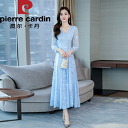 皮爾卡丹春秋裙子2025新款夏季女時(shí)尚白色長(cháng)袖大方氣質(zhì)名媛雪紡連衣裙長(cháng)款 淺藍色 【今年流行/感大l碼媽l媽 L