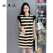 妃奧絨條紋連衣裙女夏歐洲站歐貨洋氣減齡小個子飛飛袖休閑T恤裙子 黑白條紋 XL