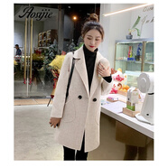 Aosijie輕奢女裝品牌 小個子毛呢外套女2021秋冬新款中長款韓版咖色呢子大衣斜口袋百搭呢外套 米白色 S