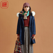 漁女裝外套女2021年新款冬季棉服棉襖牛仔棉毛領(lǐng)長(zhǎng)款棉衣 牛仔藍(lán) 165/84A/M