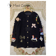 Mad Cortes 設(shè)計(jì)感趣味卡通毛衣手工刺繡羊毛針織衫外套秋冬加厚開(kāi)衫女 深藏藍(lán)色 XL