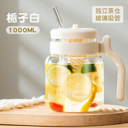 天喜（TIANXI）玻璃水杯女生高顏值辦公室大容量花茶茶水分離泡茶杯吸管大肚杯子 白色1000ml 默認(rèn)規(guī)格
