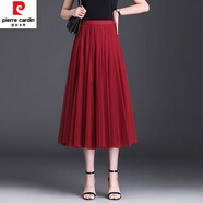 皮爾卡丹（pierre cardin）秋季墨綠色半裙秋冬網(wǎng)紗裙大尺碼半身裙女夏a字中長款大擺百褶長 棗紅色 均碼 松緊腰適合體重85-145斤穿