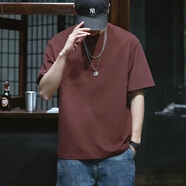 末億男士純色純棉T體恤衫短半袖夏季男裝高檔重磅寬松夏天圓領大碼衣 焦糖 均碼(推薦170-183cm或140-170斤)