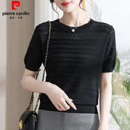 皮爾卡丹（pierre cardin）氣質(zhì)女神針織衫女夏季薄款冰絲短袖t恤百搭鏤空寬松顯瘦上衣小衫 黑色【收藏店鋪優(yōu)先發(fā)貨】 L 110斤-120斤