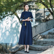妖妮旗袍漢服女成人年輕日常演出2025新中式國風(fēng)棉麻繡花裙兩件套722 深藍色套裝 常規 3XL (建議體重120-130斤）