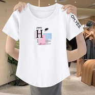 妙變美女純棉短袖t恤女夏季新款韓版寬松收腰遮肉顯瘦圓領(lǐng)百搭印花體恤ing 3066#方塊-白色 XL 碼 建議110-125斤