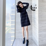 SXA香港潮牌小個(gè)子長(cháng)袖針織連衣裙女2024秋冬新款撞色條紋打底毛衣裙 藏藍 M