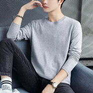 嘉曄男士長(zhǎng)袖T恤春秋季新款純色圓領(lǐng)套頭衫休閑百搭修身潮流男裝 淺灰色 XL 【100-120斤】