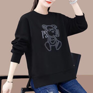登森奧奧衛(wèi)衣女2023秋冬季新款寬松圓領(lǐng)圓領(lǐng)刺繡上衣加絨加厚衛(wèi)衣外套 黑色（春秋款） XL 建議115-130斤