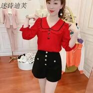 女士雪紡衫長袖流行款高檔新款顯瘦夏季韓版娃娃領(lǐng)襯衫女遮肉洋氣潮流淑女上衣年輕復(fù)古小衫 紅色 M 建議100-110斤