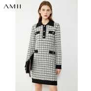 AMII女裝2025極簡(jiǎn)輕奢經(jīng)典針織連衣裙冬季新款翻領(lǐng)撞色格紋裙 黑白格 M 160/84A