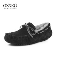 OZZEG澳洲豆豆鞋男鞋冬季加絨保暖休閑鞋真皮樂福鞋羊皮毛一體平底棉鞋 黑色 43