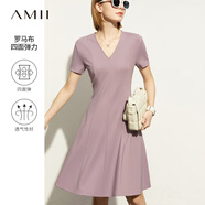 AMII法式復(fù)古a字連衣裙女夏季新款赫本風顯瘦V領(lǐng)修身裙子 灰紫 S 155/80A