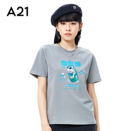 A21新款春秋季休閑百搭短袖女裝針織合體圓領(lǐng)短袖印花T恤衫上衣 中灰 S