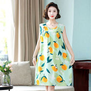 iosn棉綢女睡衣新款夏媽媽睡裙中長(cháng)款無(wú)袖連衣裙人造棉家居服洋氣 綠底檸檬果 3XL 125-148斤