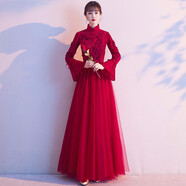 麥斯貝思敬酒服新娘新款冬季加厚酒紅色長袖中式回門服結(jié)婚晚禮服女秋冬 酒紅色長款普通 L