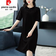 皮爾卡丹女裝蕾絲網(wǎng)紗拼接連衣裙女2022夏季寬松顯瘦洋氣年輕女士冰絲針織 黑色 M