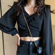 淑女來(lái)兮淑女來(lái)兮 襯衫女設計感小眾2020秋新款Chic韓版長(cháng)袖泡泡袖短款黑色顯瘦上衣 黑色 S