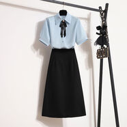 SSCURVE夏天教資面試服裝通勤短袖襯衫半身裙套裙職業(yè)套裝氣質(zhì)工裝 藍色套裝 M （建議90-105斤）