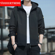 YOOOURTHING男士休閑夾克青年時尚休閑連帽外套男城市輕戶外春秋冬加絨夾克男 XZ1402-2131-黑色 3XL 【建議150-165斤】