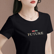 短袖t恤女2025夏季修身顯瘦女士半袖棉上衣韓版刺繡正肩圓領(lǐng)體恤 黑色 4XL【143-155斤】