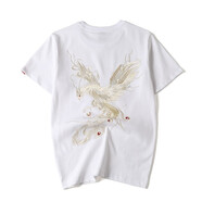 簡(jiǎn)拓 2022夏季新品薄款中國風(fēng)刺繡仙鶴純棉短袖T恤 學(xué)生情侶裝體恤男大碼半袖衫 2810白色 XL碼(140-160斤)