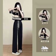 愛依服闊腿褲女時尚套裝女夏季新款韓版寬松鹽系穿搭條紋Polo領(lǐng)上衣 polo上衣+黑綁帶褲套裝 M_適合86-105斤