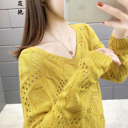 早秋別致漂亮毛衣時尚洋氣潮流毛衣女春夏新款韓版鏤空針織衫女V領(lǐng)長袖薄款寬松女士春季打底上衣外穿 品質(zhì)-黃色【收藏優(yōu)先發(fā)貨】 S 建議85-105斤