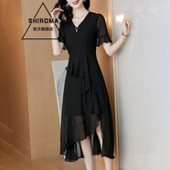 SHIROMA女裝網(wǎng)紗雪紡連衣裙中長(cháng)款新款夏季時(shí)尚氣質(zhì)v領(lǐng)黑裙 黑色 XL