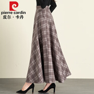 皮爾卡丹高檔品牌女裝2022秋冬毛呢格子半身裙女百搭高腰A字裙中長(cháng)款加厚顯瘦長(cháng)裙 淺咖紅格子 L