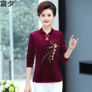 富夕中老年女裝旗袍領(lǐng)長(cháng)袖金絲絨上衣中年女士媽媽春裝短款加絨打底衫 1338-酒紅 3XL 建議123-135斤
