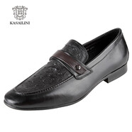 卡塞利尼（KASAILINI）輕奢品牌休閑牛皮男士鴕鳥(niǎo)紋透氣商務(wù)英倫尖頭套腳懶人低幫駕車(chē)鞋 黑色 44 標準皮鞋碼