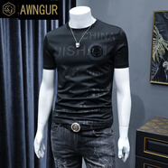 AWNGUR 歐貨潮牌高端刺繡短袖T恤男夏季修身男士純棉體恤男亮片圓領(lǐng)半袖 黑色211024 L