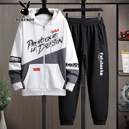 花花公子（PLAYBOY）美式衛衣男連帽套裝春秋季潮流休閑外套秋裝帶帽開(kāi)衫新款秋冬季 不加絨3333灰色套裝 XL