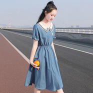 DOGHC12-16歲中學(xué)生牛仔連衣裙女大童少女孩夏季新款娃娃領(lǐng)中長款裙子 牛仔藍(lán)-夏季薄款 160 (L) 110-125斤