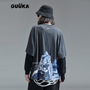 古由卡（GUUKA）潮牌假兩件長袖t恤男士2025新款青少年街頭港風春秋款打底衫寬松 黑色 S