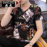 鼎度（DINGDU）2021男士長(zhǎng)袖T恤韓版冰絲修身V領(lǐng)潮流帥氣打底衫薄款體恤男裝上衣 1989【短】 M