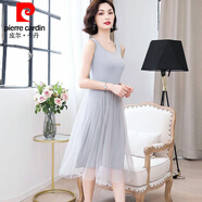 皮爾卡丹（pierre cardin）背心網(wǎng)紗連衣裙2024新款收腰顯瘦仙女紗裙中長(zhǎng)款吊帶打底裙 灰色8189背心款 M:100-115斤