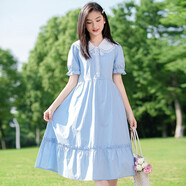 方糖姑娘少女連衣裙娃娃領(lǐng)夏季高初中學(xué)生夏裝長(cháng)款過(guò)膝洋氣公主裙子學(xué)院風(fēng) 5066DYR藍色連衣裙 M