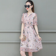 子牧棉麻2020夏裝 女時尚氣質(zhì)碎花V領(lǐng)套頭收腰中長款短袖雪紡連衣裙0216 粉紅色 S